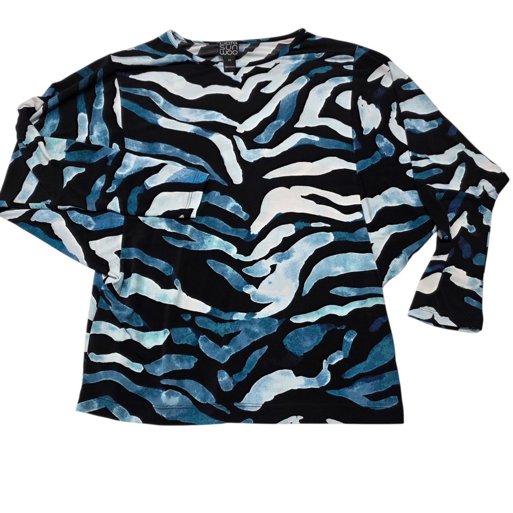 Clara Sunwoo Top Women XS Blue Zebra Print Dolman Sleeve Batwing Stretch Knit